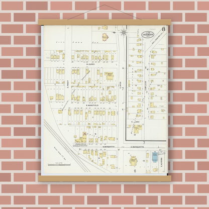 Old map wall art mockup — magnetic wood frame on brick wall — Sanborn Fire Insurance Map from Ironwood, Gogebic County, Michigan (1898), Sheet #0008