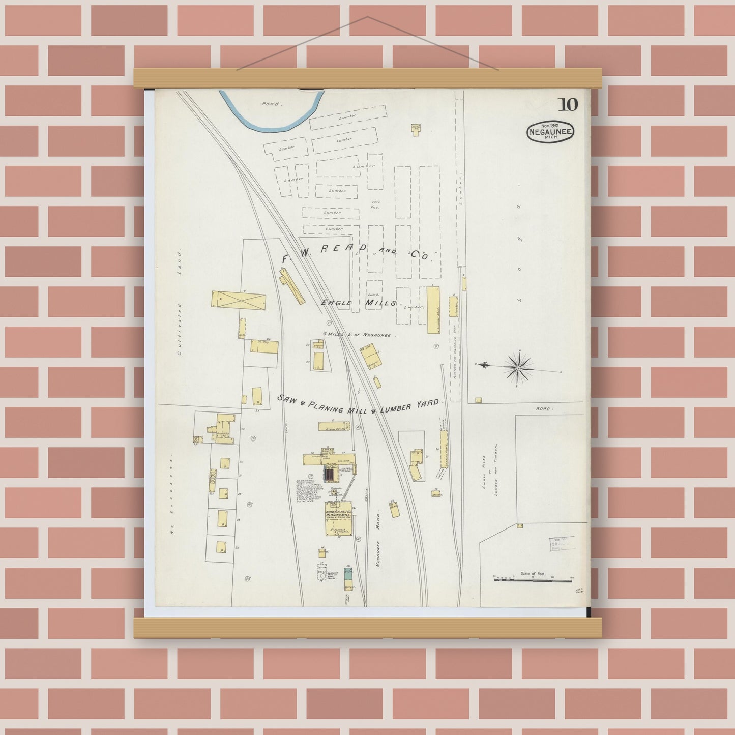 Old map wall art mockup — magnetic wood frame on brick wall — Sanborn Fire Insurance Map from Negaunee, Marquette County, Michigan (1892), Sheet #0010