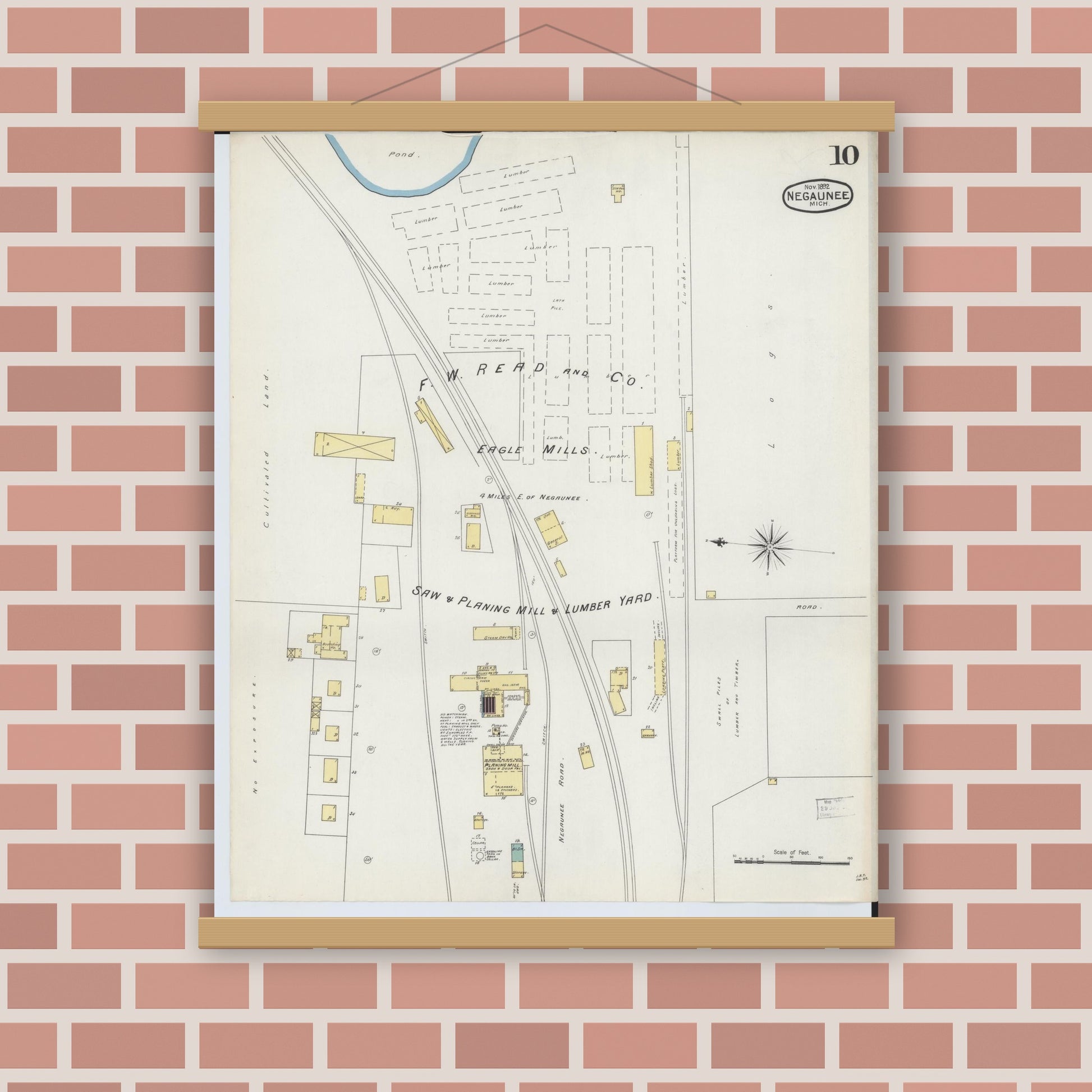 Old map wall art mockup — magnetic wood frame on brick wall — Sanborn Fire Insurance Map from Negaunee, Marquette County, Michigan (1892), Sheet #0010