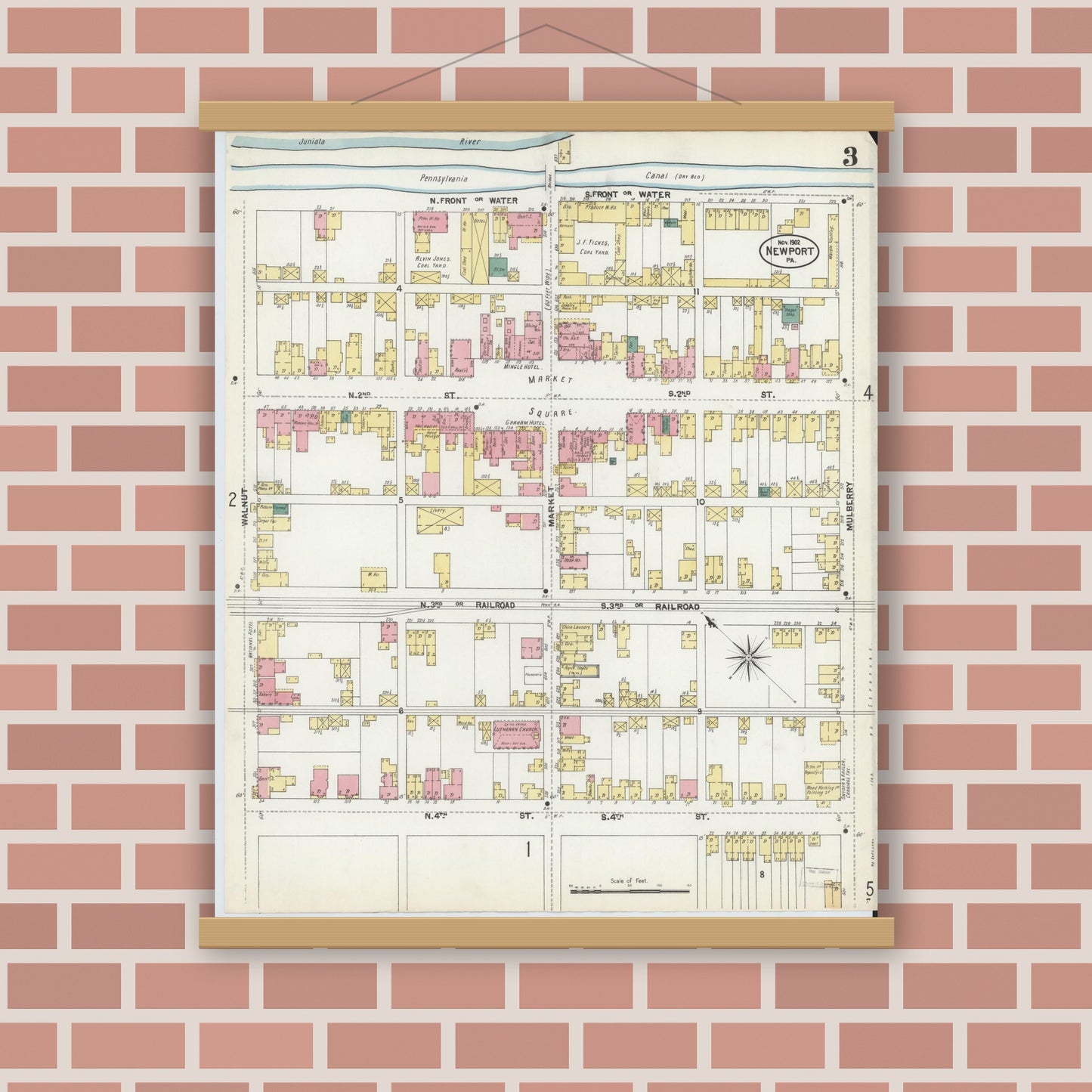 Old map wall art mockup — magnetic wood frame on brick wall — Sanborn Fire Insurance Map from Newport, Perry County, Pennsylvania (1902), Sheet #0003