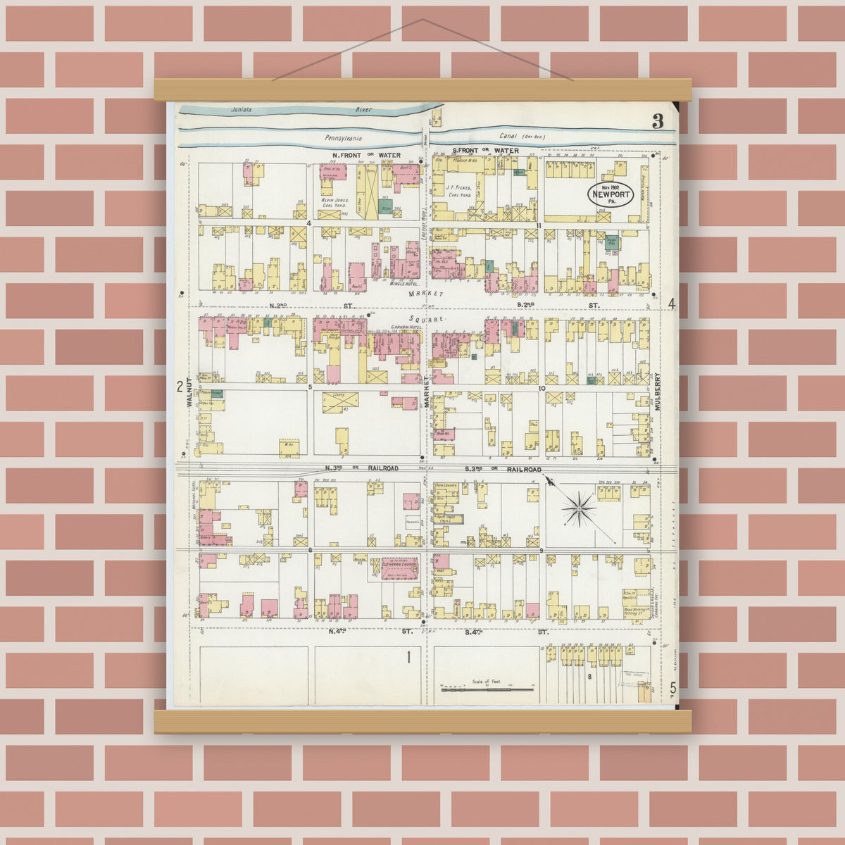 Old map wall art mockup — magnetic wood frame on brick wall — Sanborn Fire Insurance Map from Newport, Perry County, Pennsylvania (1902), Sheet #0003