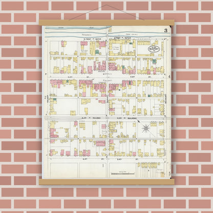 Old map wall art mockup — magnetic wood frame on brick wall — Sanborn Fire Insurance Map from Newport, Perry County, Pennsylvania (1902), Sheet #0003