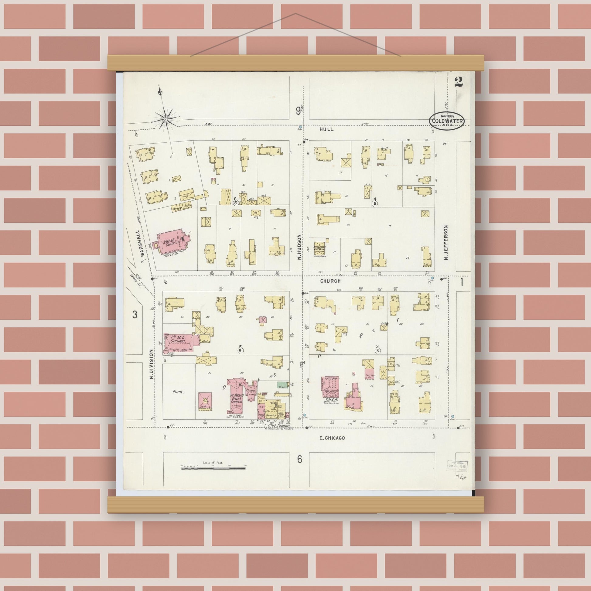 Old map wall art mockup — magnetic wood frame on brick wall — Sanborn Fire Insurance Map from Coldwater, Branch County, Michigan (1897), Sheet #0002