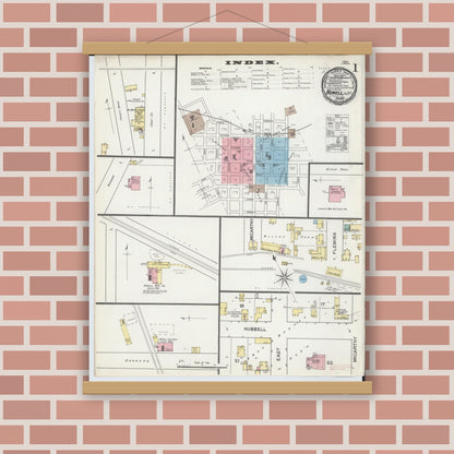 Old map wall art mockup — magnetic wood frame on brick wall — Sanborn Fire Insurance Map from Howell, Livingston County, Michigan (1892), Sheet #0001
