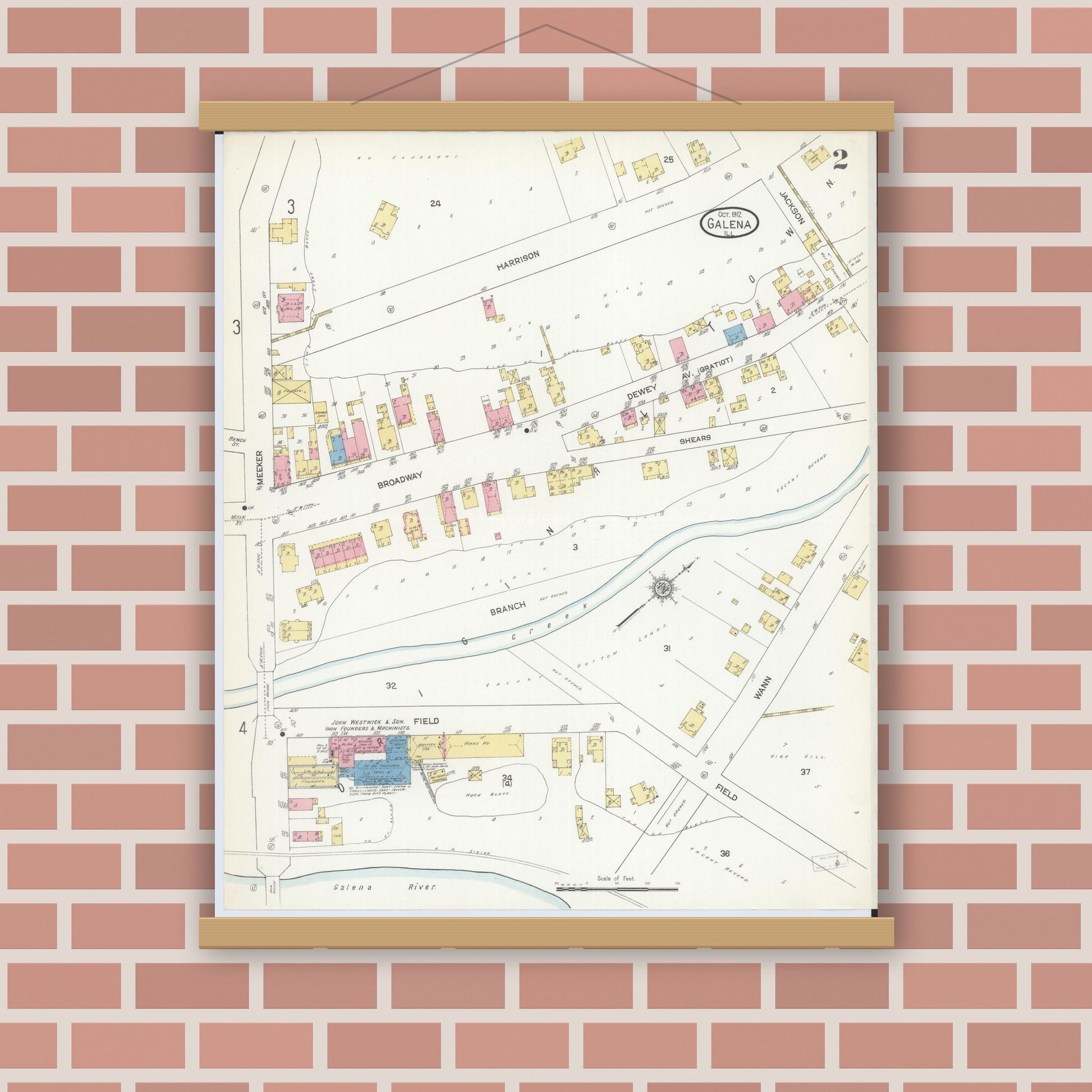 Old map wall art mockup — magnetic wood frame on brick wall — Sanborn Fire Insurance Map from Galena, Jo Daviess County, Illinois (1912), Sheet #0002