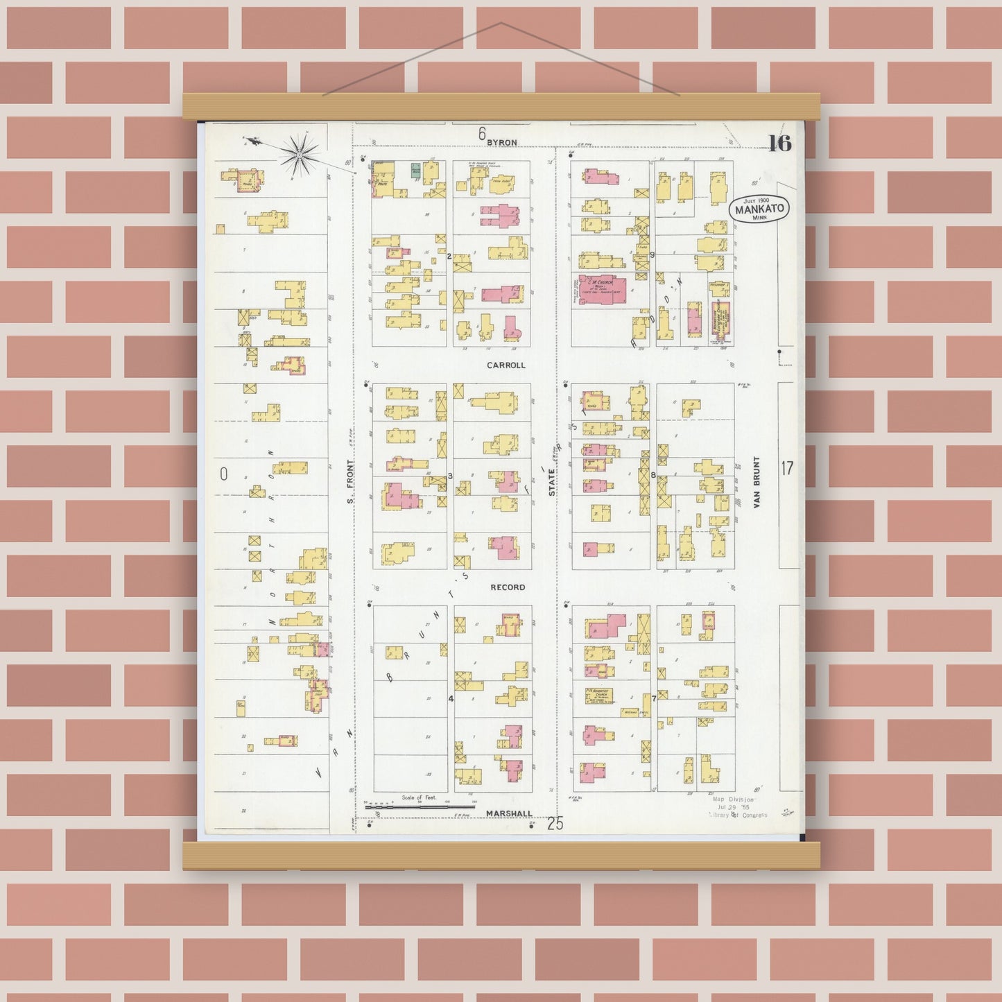 Old map wall art mockup — magnetic wood frame on brick wall — Sanborn Fire Insurance Map from Mankato, Blue Earth County, Minnesota (1900), Sheet #0016