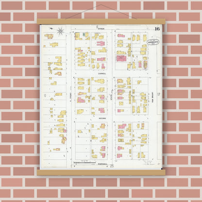 Old map wall art mockup — magnetic wood frame on brick wall — Sanborn Fire Insurance Map from Mankato, Blue Earth County, Minnesota (1900), Sheet #0016
