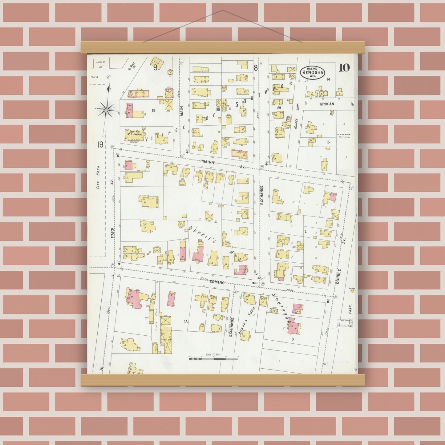 Old map wall art mockup — magnetic wood frame on brick wall — Sanborn Fire Insurance Map from Kenosha, Kenosha County, Wisconsin (1900), Sheet #0010