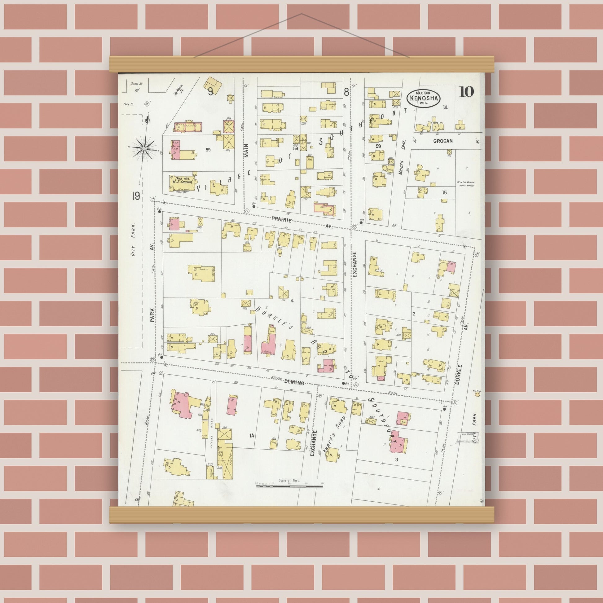 Old map wall art mockup — magnetic wood frame on brick wall — Sanborn Fire Insurance Map from Kenosha, Kenosha County, Wisconsin (1900), Sheet #0010