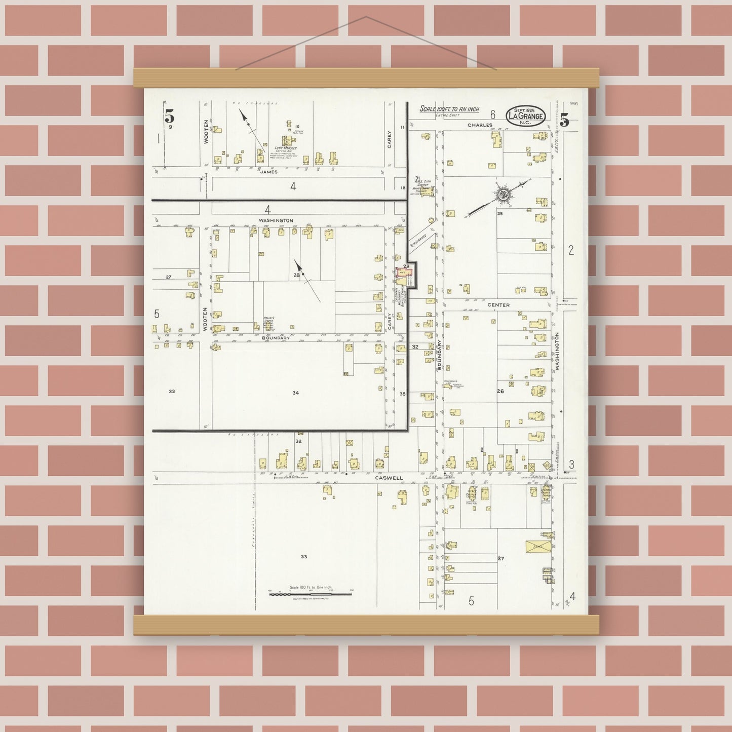 Old map wall art mockup — magnetic wood frame on brick wall — Sanborn Fire Insurance Map from La Grange, Lenoir County, North Carolina (1925), Sheet #0005
