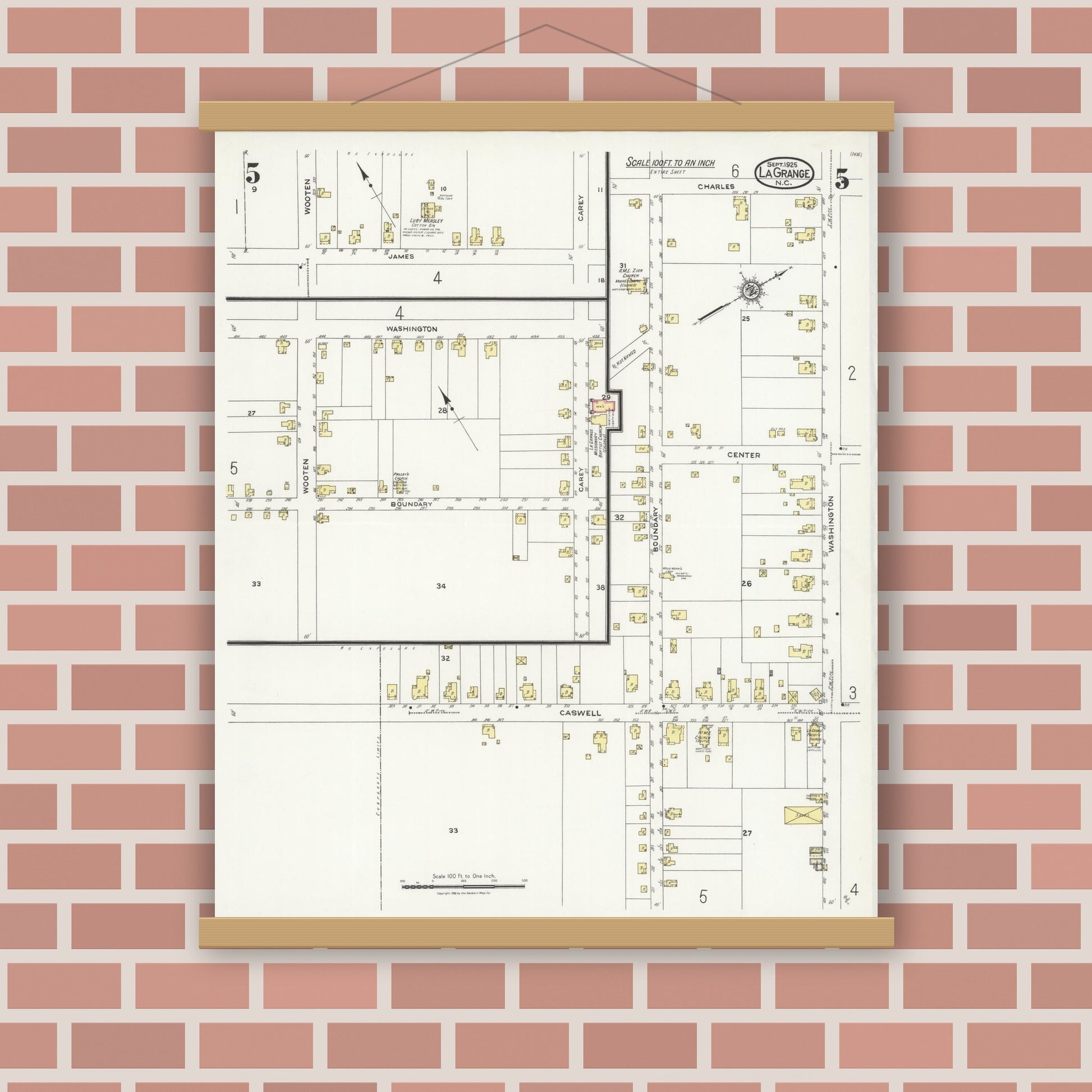Old map wall art mockup — magnetic wood frame on brick wall — Sanborn Fire Insurance Map from La Grange, Lenoir County, North Carolina (1925), Sheet #0005
