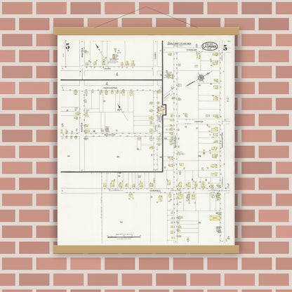 Old map wall art mockup — magnetic wood frame on brick wall — Sanborn Fire Insurance Map from La Grange, Lenoir County, North Carolina (1925), Sheet #0005