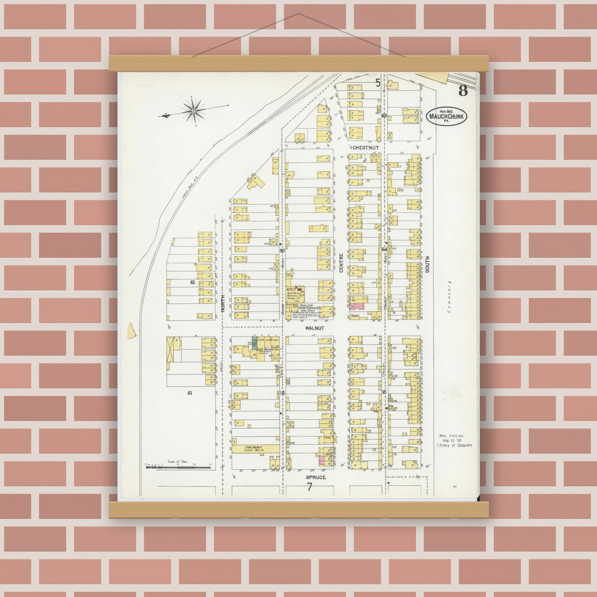 Old map wall art mockup — magnetic wood frame on brick wall — Sanborn Fire Insurance Map from Mauch Chunk, Carbon County, Pennsylvania (1902), Sheet #0008