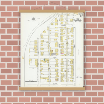 Old map wall art mockup — magnetic wood frame on brick wall — Sanborn Fire Insurance Map from Mauch Chunk, Carbon County, Pennsylvania (1902), Sheet #0008