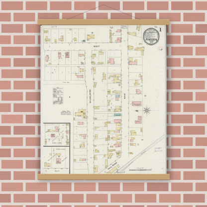 Old map wall art mockup — magnetic wood frame on brick wall — Sanborn Fire Insurance Map from Kewaskum, Washington County, Wisconsin (1894), Sheet #0001