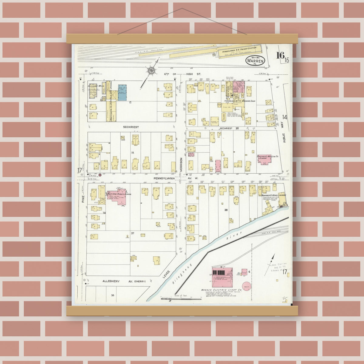Old map wall art mockup — magnetic wood frame on brick wall — Sanborn Fire Insurance Map from Warren, Warren County, Pennsylvania (1912), Sheet #0016