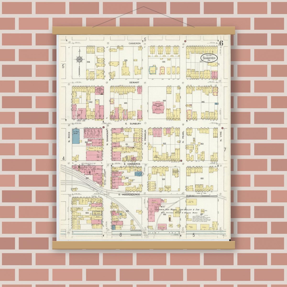 Old map wall art mockup — magnetic wood frame on brick wall — Sanborn Fire Insurance Map from Shamokin, Northumberland County, Pennsylvania (1913), Sheet #0006