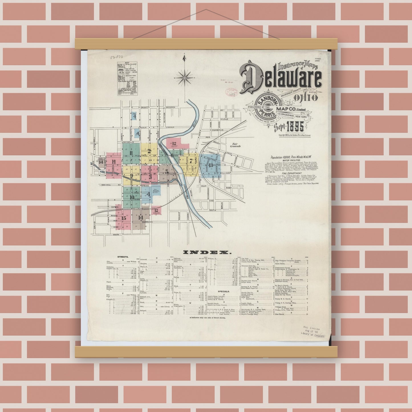 Old map wall art mockup — magnetic wood frame on brick wall — Sanborn Fire Insurance Map from Delaware, Delaware County, Ohio (1895) - Complete Map Set