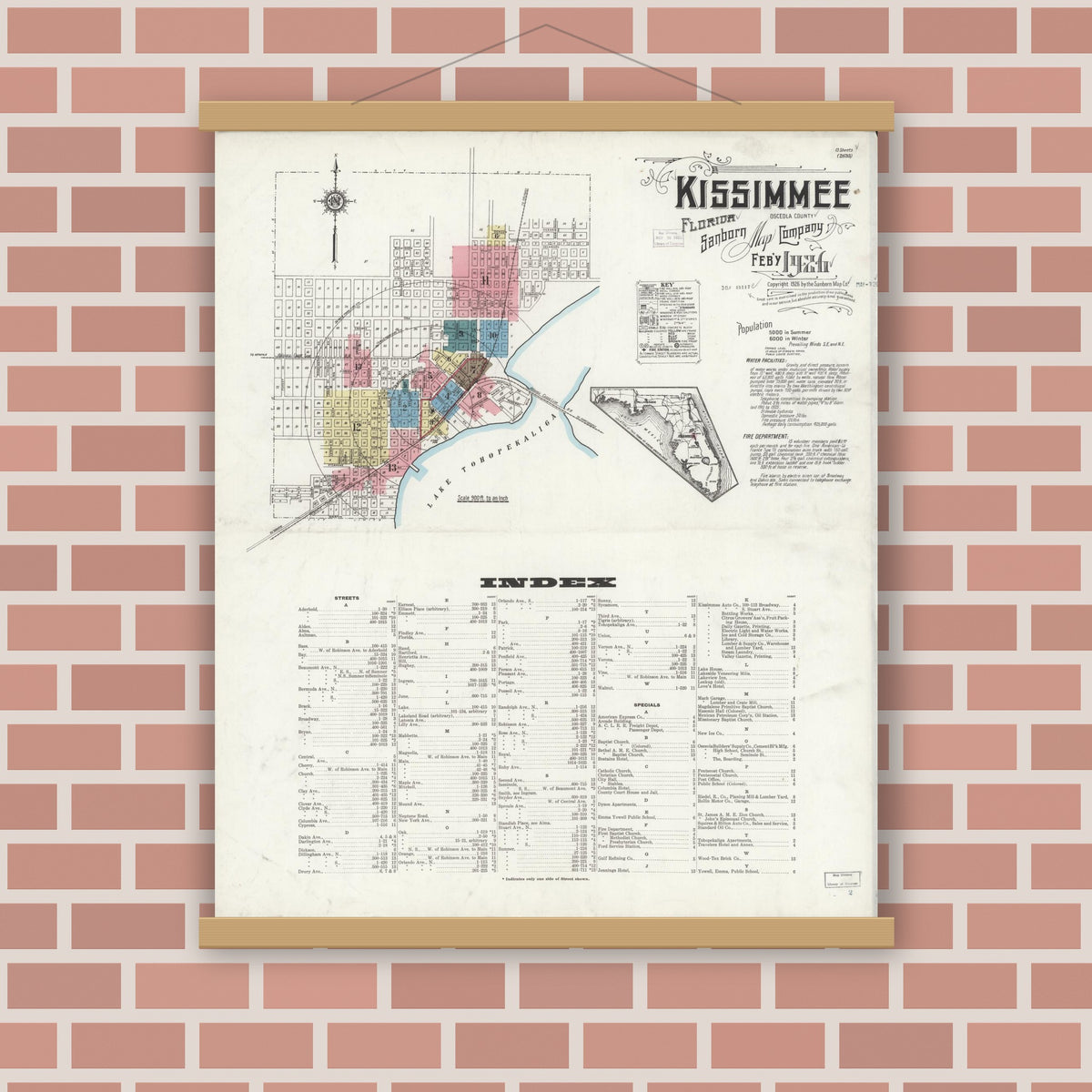 Old map wall art mockup — magnetic wood frame on brick wall — Sanborn Fire Insurance Map from Kissimmee, Osceola County, Florida (1926) - Complete Map Set