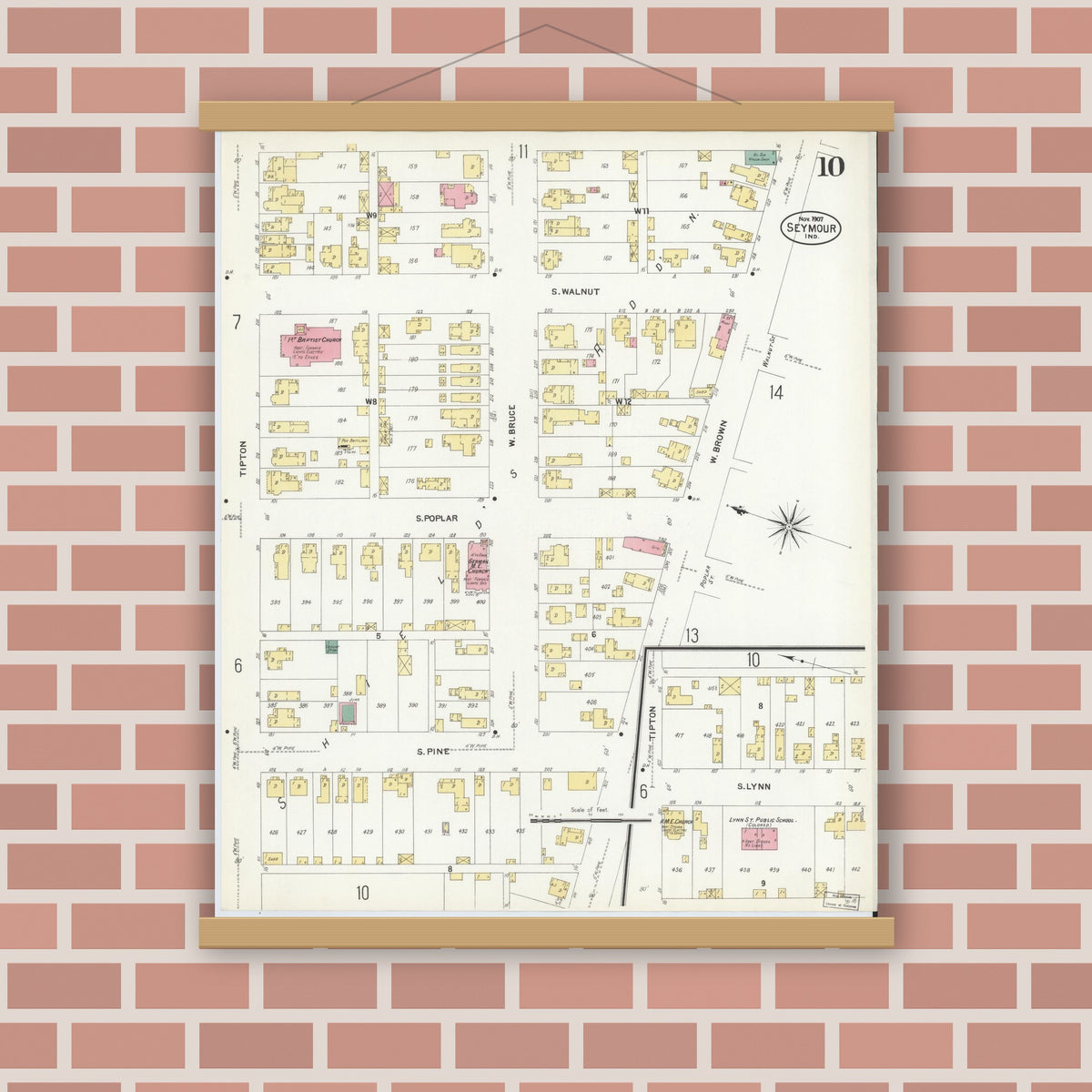 Old map wall art mockup — magnetic wood frame on brick wall — Sanborn Fire Insurance Map from Seymour, Jackson County, Indiana (1907), Sheet #0010