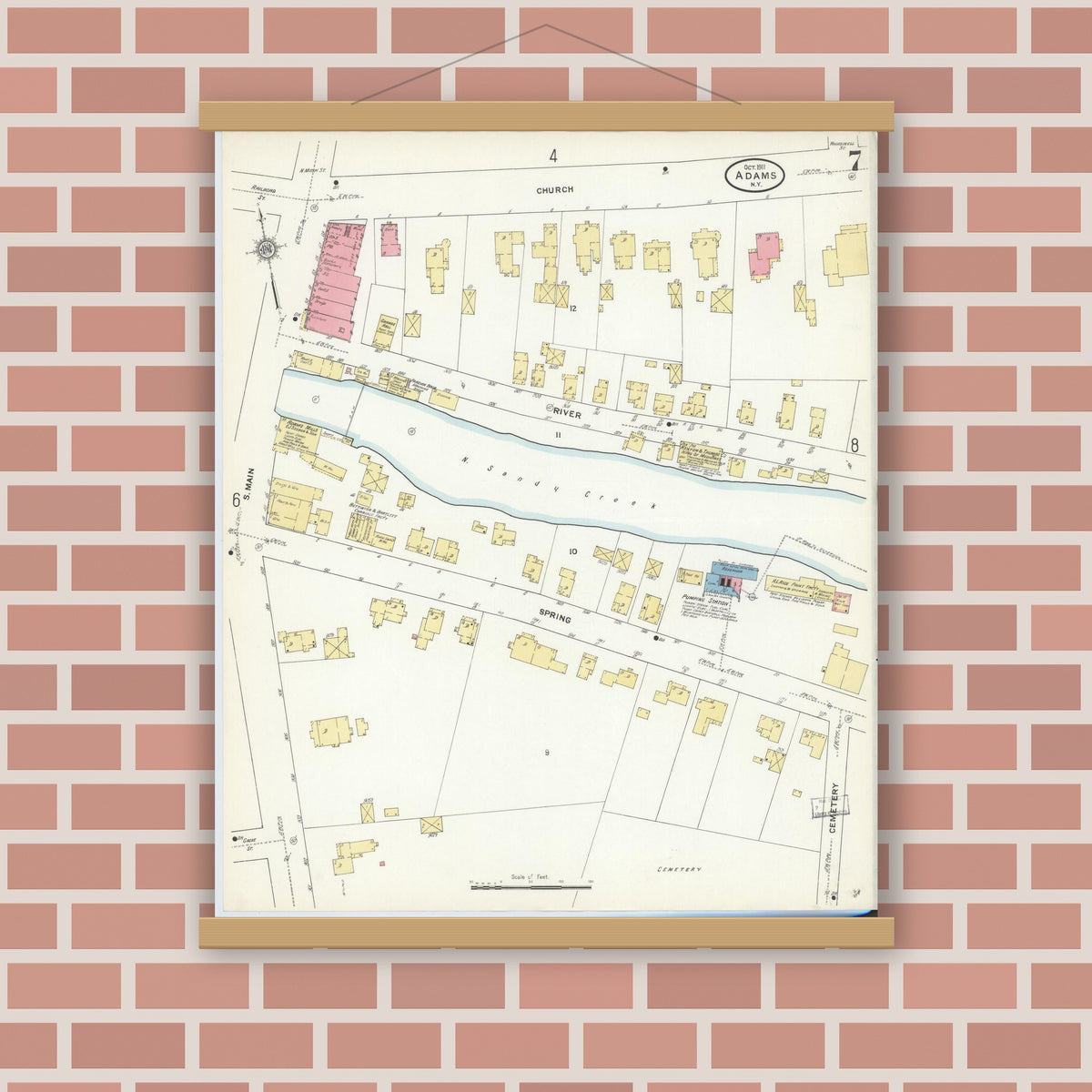 Old map wall art mockup — magnetic wood frame on brick wall — Sanborn Fire Insurance Map from Adams, Jefferson County, New York (1911), Sheet #0007