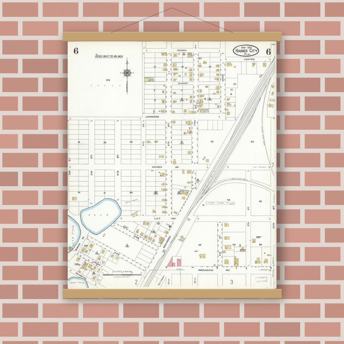 Old map wall art mockup — magnetic wood frame on brick wall — Sanborn Fire Insurance Map from Haines City, Polk County, Florida (1923), Sheet #0006