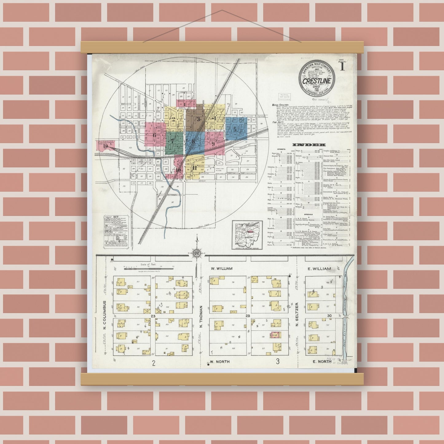 Old map wall art mockup — magnetic wood frame on brick wall — Sanborn Fire Insurance Map from Crestline, Crawford County, Ohio (1921), Sheet #0001