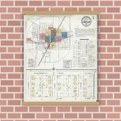 Old map wall art mockup — magnetic wood frame on brick wall — Sanborn Fire Insurance Map from Crestline, Crawford County, Ohio (1921), Sheet #0001