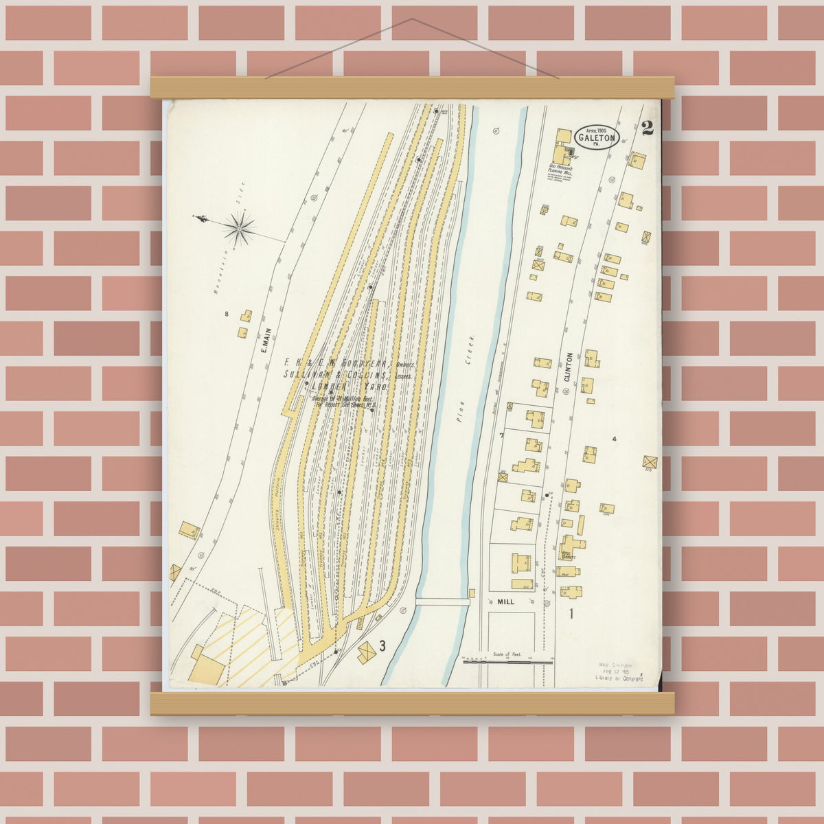 Old map wall art mockup — magnetic wood frame on brick wall — Sanborn Fire Insurance Map from Galeton, Potter County, Pennsylvania (1900), Sheet #0002