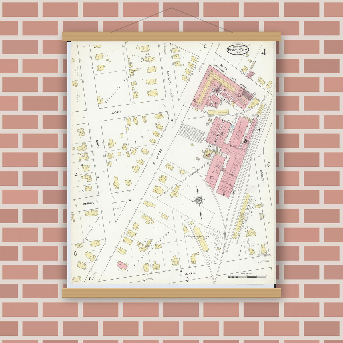 Old map wall art mockup — magnetic wood frame on brick wall — Sanborn Fire Insurance Map from Beaver Dam, Dodge County, Wisconsin (1914), Sheet #0004