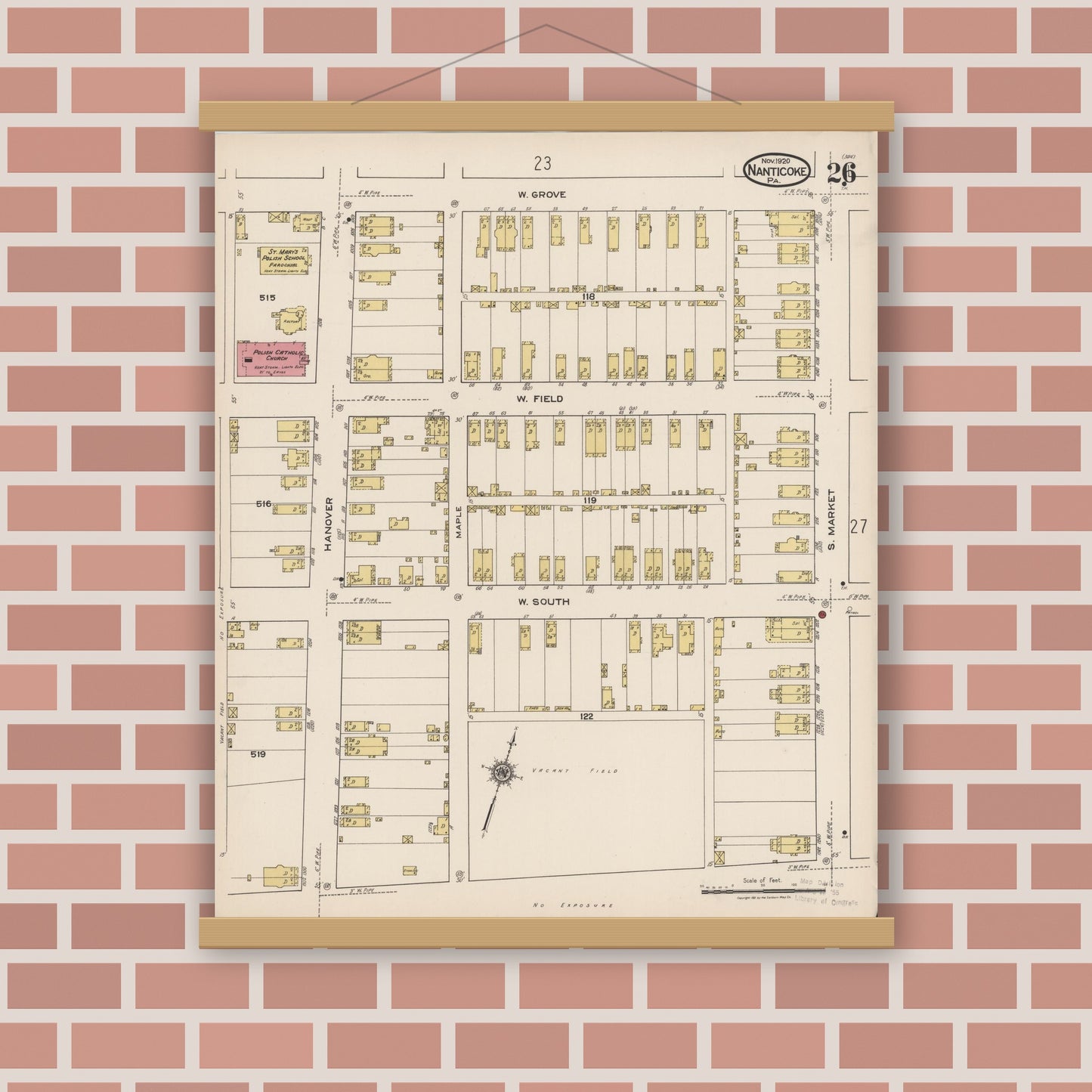 Old map wall art mockup — magnetic wood frame on brick wall — Sanborn Fire Insurance Map from Nanticoke, Luzerne County, Pennsylvania (1920), Sheet #0026