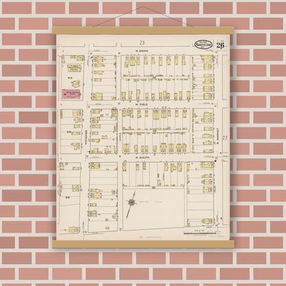 Old map wall art mockup — magnetic wood frame on brick wall — Sanborn Fire Insurance Map from Nanticoke, Luzerne County, Pennsylvania (1920), Sheet #0026