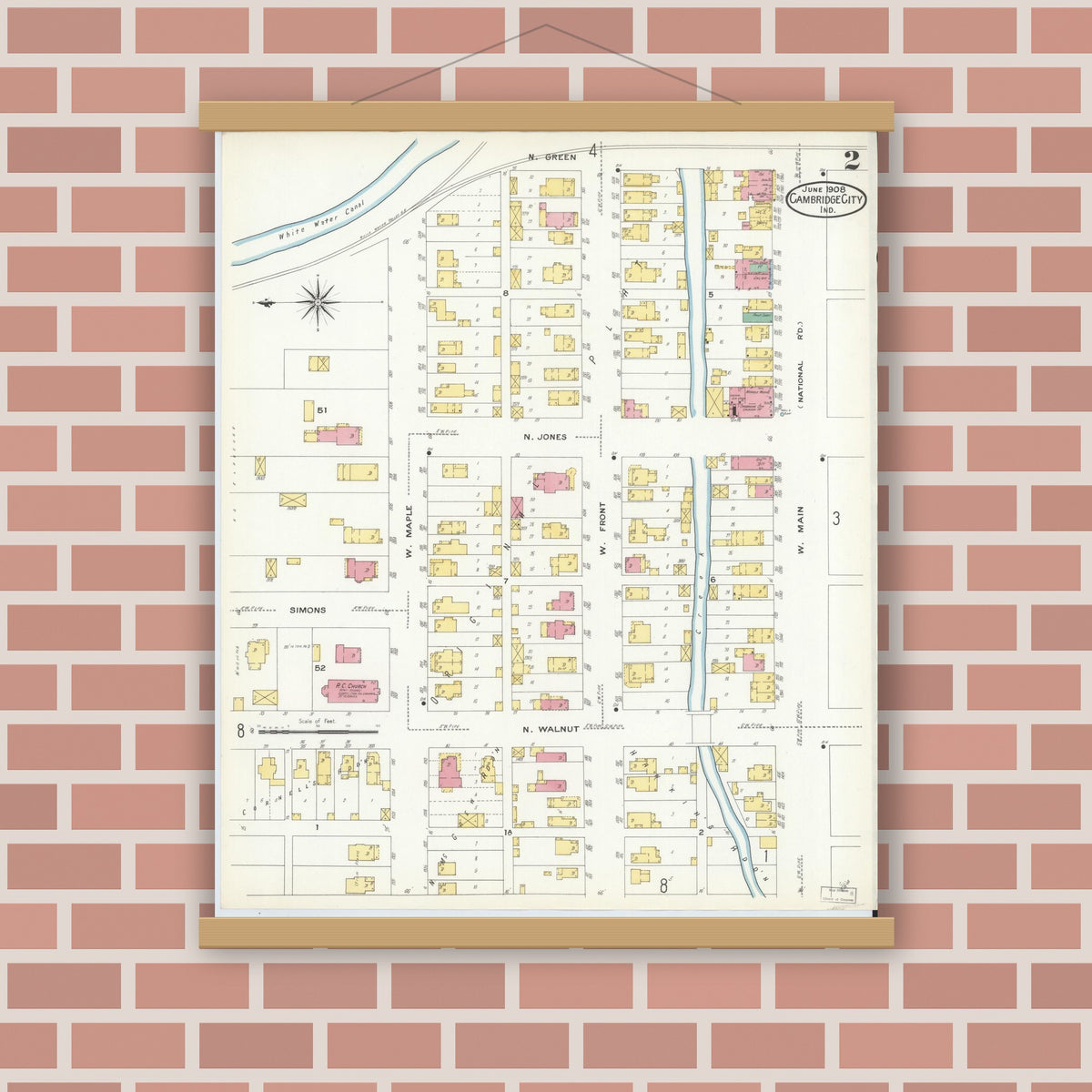 Old map wall art mockup — magnetic wood frame on brick wall — Sanborn Fire Insurance Map from Cambridge City, Wayne County, Indiana (1908), Sheet #0002