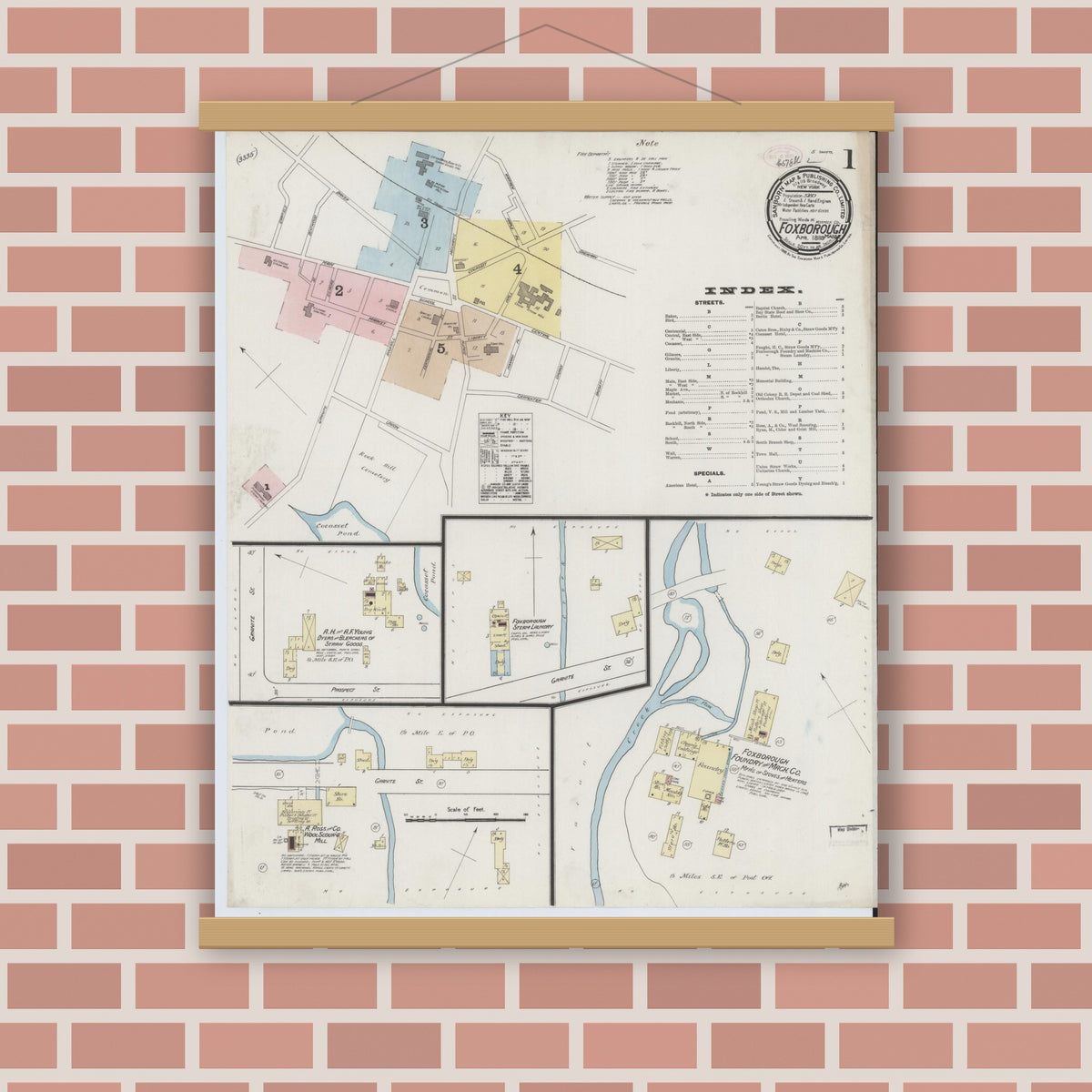 Old map wall art mockup — magnetic wood frame on brick wall — Sanborn Fire Insurance Map from Foxboro, Norfolk County, Massachusetts (1889), Sheet #0001