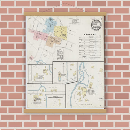 Old map wall art mockup — magnetic wood frame on brick wall — Sanborn Fire Insurance Map from Foxboro, Norfolk County, Massachusetts (1889), Sheet #0001
