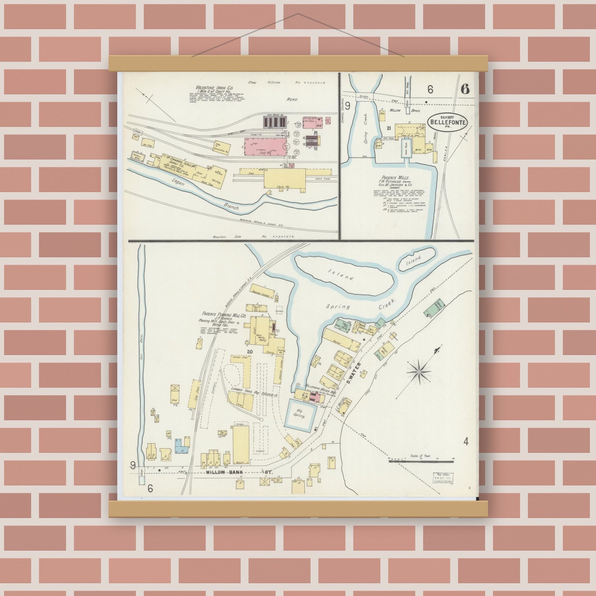 Old map wall art mockup — magnetic wood frame on brick wall — Sanborn Fire Insurance Map from Bellefonte, Centre County, Pennsylvania (1897), Sheet #0006