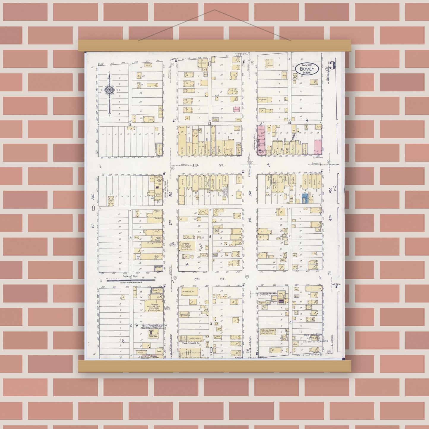 Old map wall art mockup — magnetic wood frame on brick wall — Sanborn Fire Insurance Map from Bovey, Itasca County, Minnesota (1921), Sheet #0003