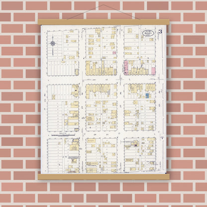 Old map wall art mockup — magnetic wood frame on brick wall — Sanborn Fire Insurance Map from Bovey, Itasca County, Minnesota (1921), Sheet #0003