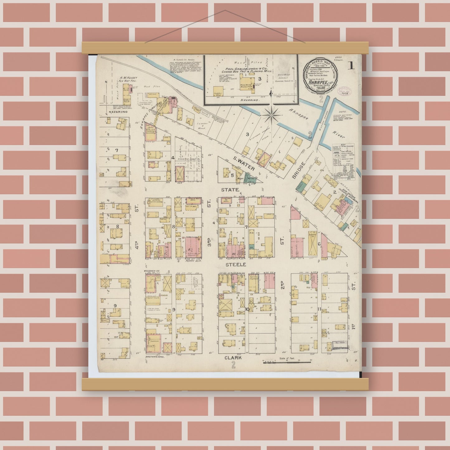 Old map wall art mockup — magnetic wood frame on brick wall — Sanborn Fire Insurance Map from Ahnapee, Kewaunee County, Wisconsin (1894) - Complete Map Set