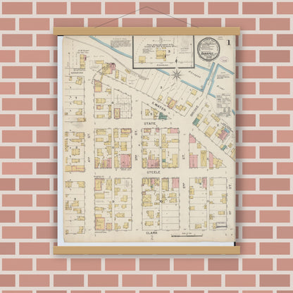 Old map wall art mockup — magnetic wood frame on brick wall — Sanborn Fire Insurance Map from Ahnapee, Kewaunee County, Wisconsin (1894) - Complete Map Set