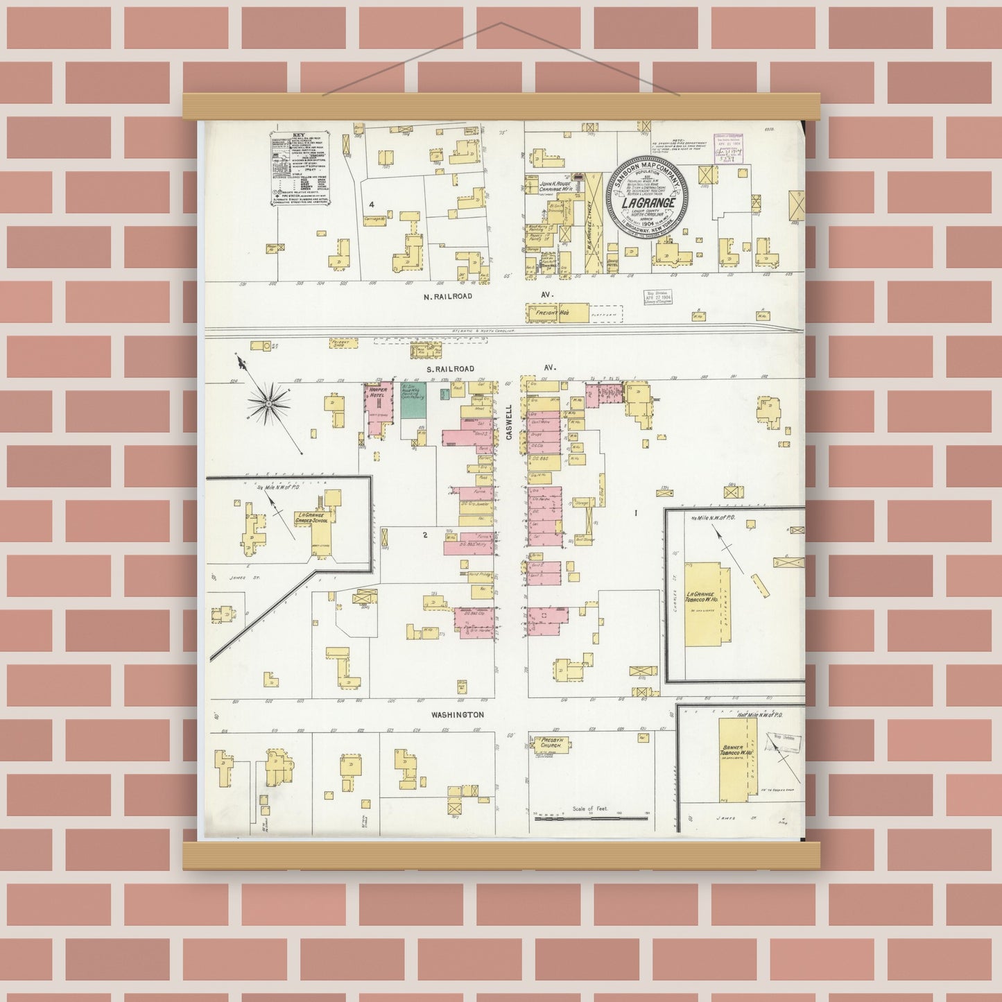 Old map wall art mockup — magnetic wood frame on brick wall — Sanborn Fire Insurance Map from La Grange, Lenoir County, North Carolina (1904), Sheet #0001