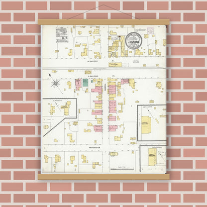 Old map wall art mockup — magnetic wood frame on brick wall — Sanborn Fire Insurance Map from La Grange, Lenoir County, North Carolina (1904), Sheet #0001