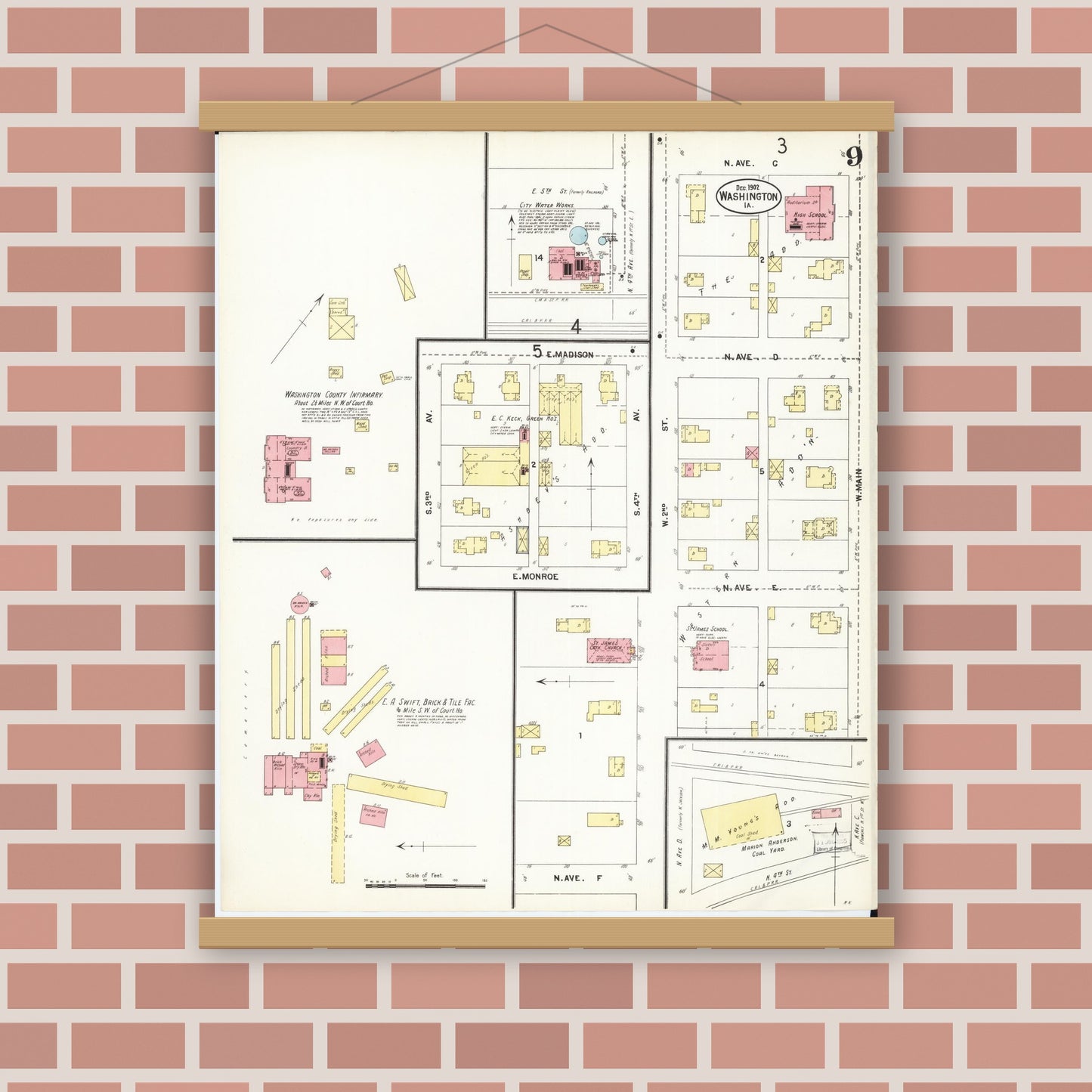 Old map wall art mockup — magnetic wood frame on brick wall — Sanborn Fire Insurance Map from Washington, Washington County, Iowa (1902), Sheet #0009