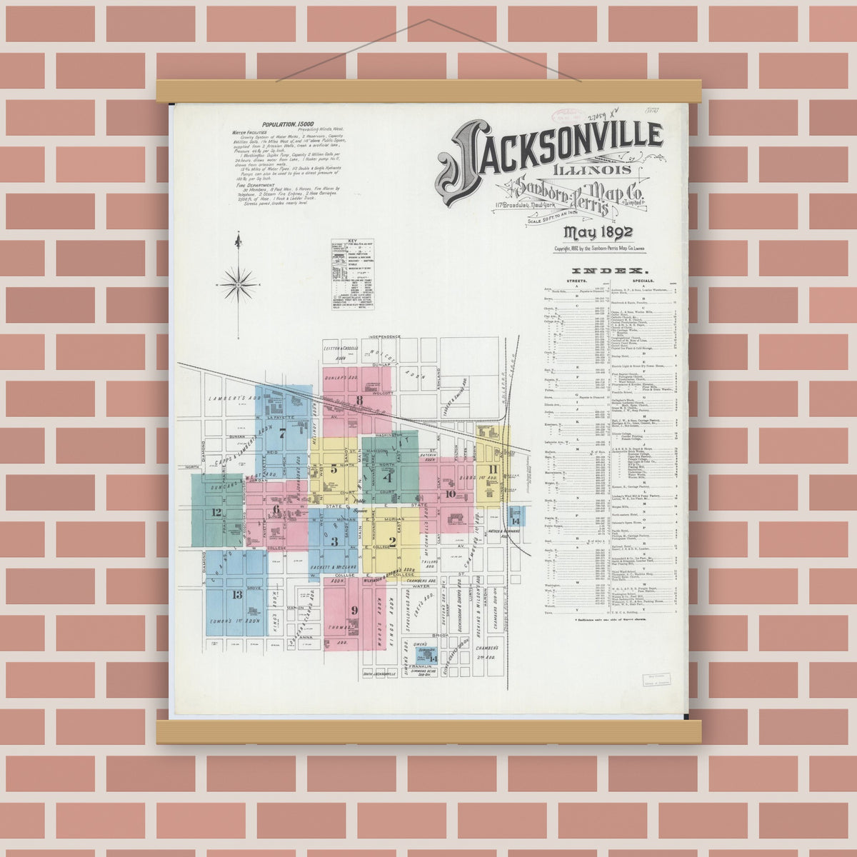 Old map wall art mockup — magnetic wood frame on brick wall — Sanborn Fire Insurance Map from Jacksonville, Morgan County, Illinois (1892) - Complete Map Set