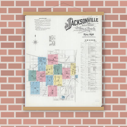 Old map wall art mockup — magnetic wood frame on brick wall — Sanborn Fire Insurance Map from Jacksonville, Morgan County, Illinois (1892) - Complete Map Set