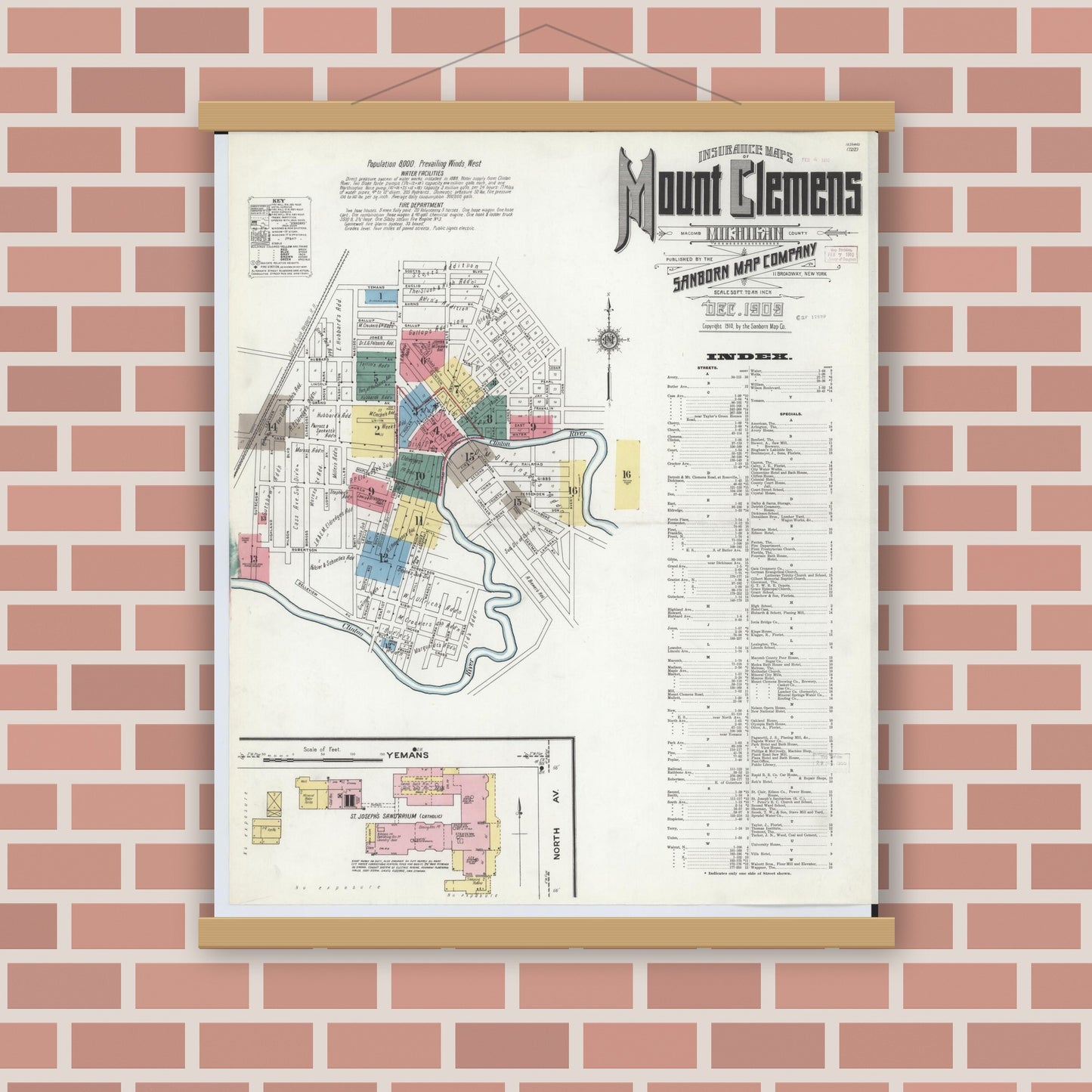 Old map wall art mockup — magnetic wood frame on brick wall — Sanborn Fire Insurance Map from Mount Clemens, Macomb County, Michigan (1909) - Complete Map Set