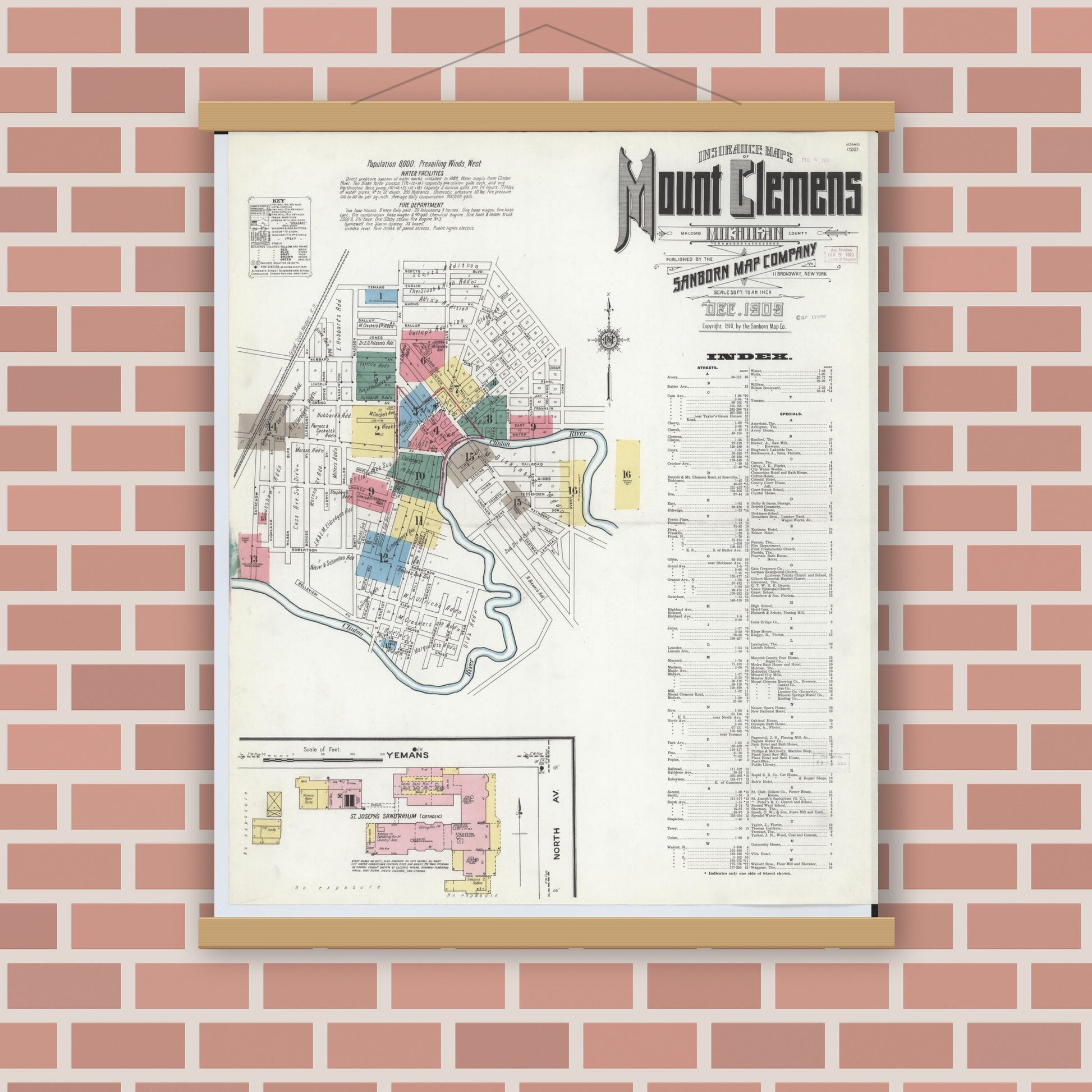 Old map wall art mockup — magnetic wood frame on brick wall — Sanborn Fire Insurance Map from Mount Clemens, Macomb County, Michigan (1909) - Complete Map Set