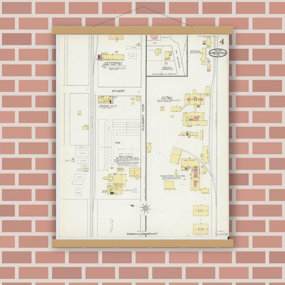 Old map wall art mockup — magnetic wood frame on brick wall — Sanborn Fire Insurance Map from Greenfield, Hancock County, Indiana (1892), Sheet #0004