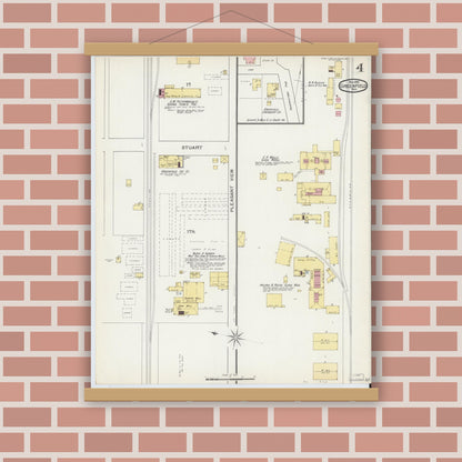 Old map wall art mockup — magnetic wood frame on brick wall — Sanborn Fire Insurance Map from Greenfield, Hancock County, Indiana (1892), Sheet #0004