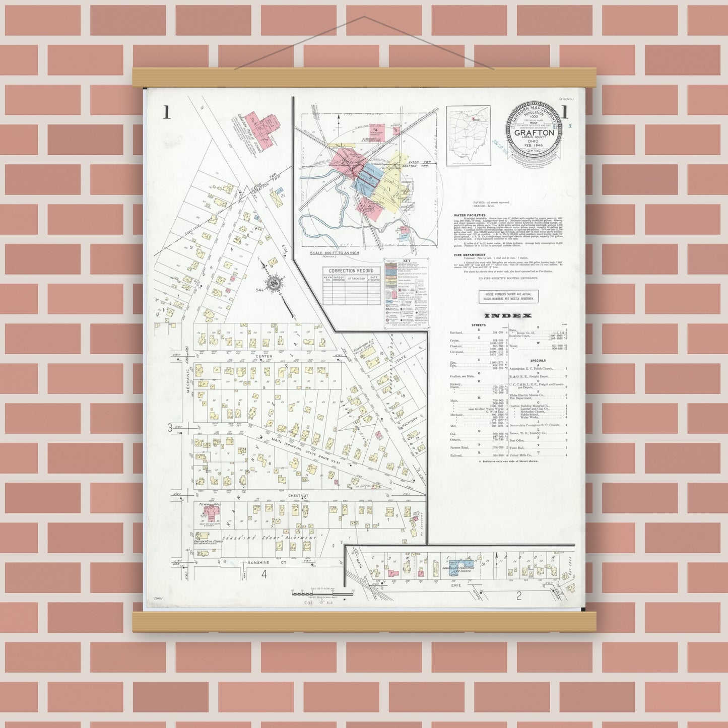 Old map wall art mockup — magnetic wood frame on brick wall — Sanborn Fire Insurance Map from Grafton, Lorain County, Ohio (1946), Sheet #0001